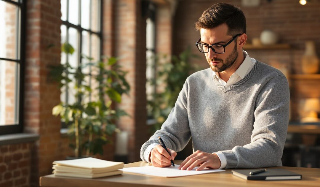 Consultant SIRH annotant un cahier des charges dans un espace de coworking