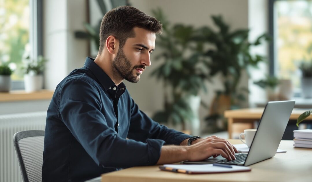 Consultant SIRH travaillant sur la digitalisation des process RH dans un bureau moderne