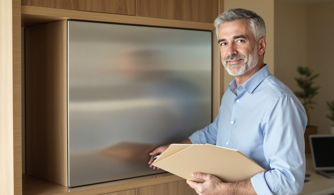 Illustration : responsable paie rangeant un dossier fermé devant une armoire sécurisée moderne, image générée par IA