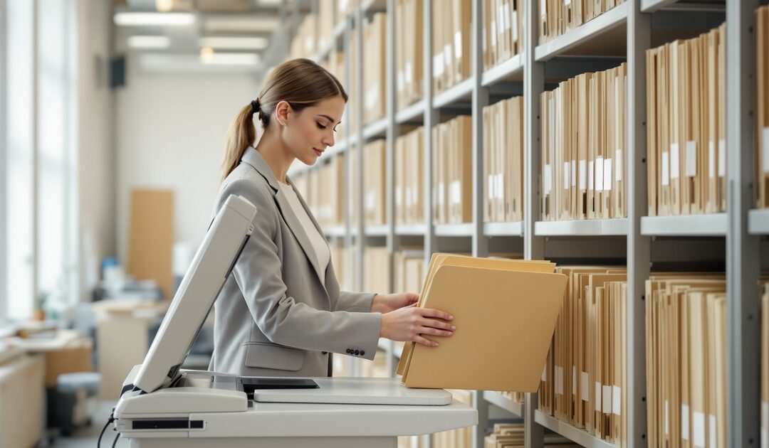 Consultante RH numérisant un dossier papier dans une salle d'archives