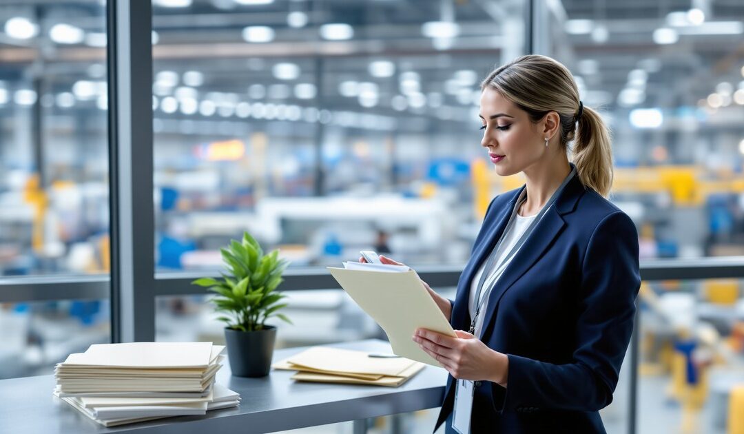 Consultante RH vérifiant un planning papier sur une mezzanine d'usine