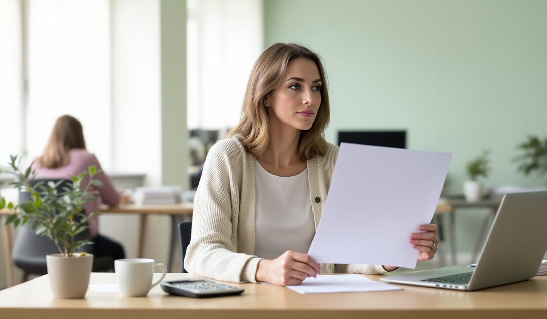 Office manager d'une PME comparant un budget SIRH dans un petit bureau