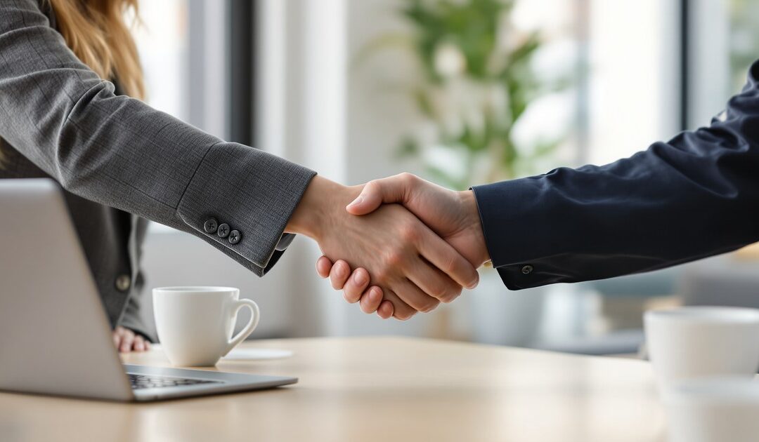 Poignée de main entre deux professionnels au-dessus d'une table de réunion, symbole du partenariat avec un intégrateur SIRH