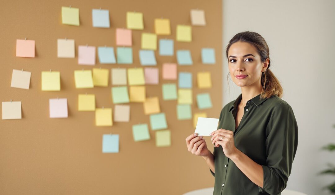 Consultante en pilotage de projet SIRH tenant un post-it vierge devant un mur de post-it colorés