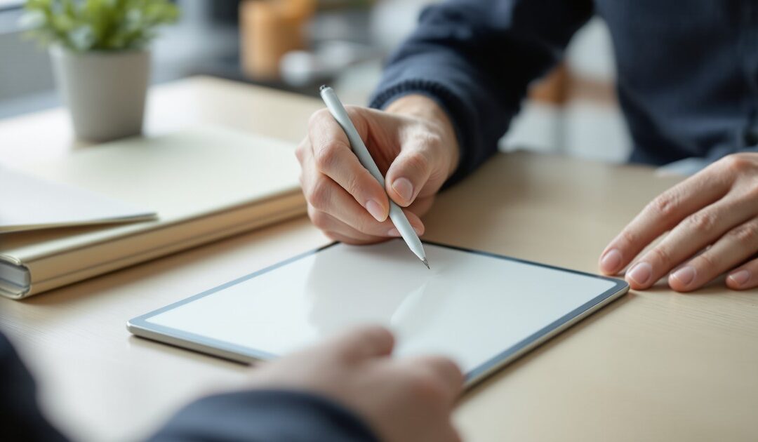 Responsable RH tenant un stylet au-dessus d'une tablette pour une signature électronique